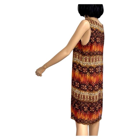 Chris Mclaughlin Chiffon Shift Dress 12 Sleeveless Boho Geo Tribal Orange Brown - Picture 3 of 13